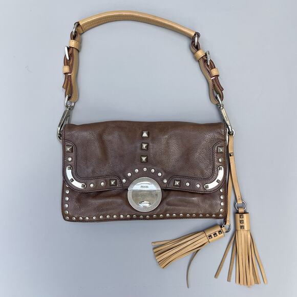 Prada Brown Leather Studded Shoulder Bag Silver Hardware - Picture 1 of 16